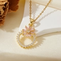 Collier fleur dore avec gemmes marquises roses et pendentif cercle pave de zircons - Collier Fleur Cercle Zircon Rose Doré T018