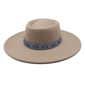 Khaki wool fedora detail with navy blue geometric ethnic pattern ribbon trim - M / Light Purple Grey