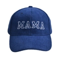Navy blue corduroy baseball cap with white MAMA embroidery in a classic six-panel design - MAMA Style / Navy Blue