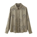 Olive green satin long sleeve shirt with floral embroidery and pearl bead accents - Matcha Green Top
