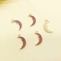 Golden crescent moon pendants with pink enamel flower patterns for DIY jewelry making - Moon 9x17mm
