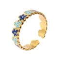 Detail of adjustable 18k gold plated ring with blue enamel flower ornaments and sleek finish - Adjustable Open / Style 1 (Blue Flower)
