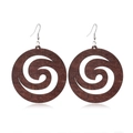 Detailed view of dark brown round wooden earrings with hollow spiral design on white background - Style 33
