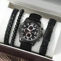 Men's SOKI black sport watch set with 3 matching beaded and braided leather bracelets - Black Sports Set (Watch And Bracelets)