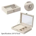 Cream velvet jewelry box with clear window and silver lock for rings and earrings - 3 Grids / Beige