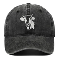 Distressed black cotton baseball cap with cow embroidery and washed vintage finish - Adjustable / Black