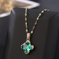 Titanium steel necklace with emerald square pendant and golden olive leaf chain style - 9070 Gold Square Green Gem