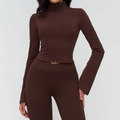 Slim fit chocolate brown yoga set with full zip stand collar top and flared sleeves - Coffee