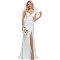 Elegante abito da sposa bianco con scollo a V, spacco laterale e lungo velo da sposa - US 2 / Bianco