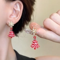 Christmas snowflake earrings with red tree pendant and white pearls decoration - 26# Silver Earring Post - Red - Christmas Tree Rhinestone Pendant