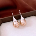 Macro shot of elegant silver hook earrings with champagne teardrop pearls on silk fabric - 15# Ear Hook - Silver - Champagne Pearl - Long Water Drop Pendant