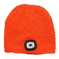 Bright orange knitted beanie with integrated LED headlamp for outdoor illumination - 4-LED Lined Style / Orange