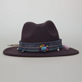 Brown wool fedora hat with ethnic woven band, turquoise stone, and pink tassel trim - M(56-58cm) / Coffee
