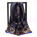 Deep blue satin square scarf featuring golden chains, leopard prints, and logo pattern - Leopard Chain Navy Blue (SD90-41-4)