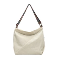 Große beige Umhängetasche aus Cord mit einem bunt gewebten Gurt im Ethno-Stil - Cremeweiß