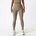 Khaki high waisted yoga leggings with side pockets and slimming elastic compression fit - M / Sanding Brown