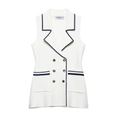 Detail van de ivoren gebreide gilet met contrasterende bies en double-breasted knopen - S