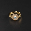 Adjustable golden chain ring with blue zircon evil eye charm in a minimalist style - Blue Enamel Eye (H)
