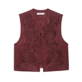 Women's burgundy faux suede vest featuring detailed floral embroidery in a minimalist style - XS / Rouge Red