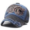 Retro washed cotton baseball cap in blue and dark grey with shark patch embroidery - Adjustable / Blue