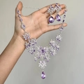 Elegant French court style silver jewelry set with purple crystal floral teardrops - Necklace and Earring Set / Silver-Purple (Two-piece Set)