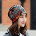 Women's 2-in-1 knitted beanie scarf with colorful paisley print for winter warmth - Standard / Color Block-Orange