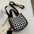 Japanese style black and white houndstooth canvas crossbody bag with black straps - Black