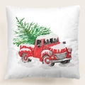 Funda de cojín navideño con camión rojo vintage y árbol de Navidad nevado - Camión rojo en la nieve (38) / 45x45 cm