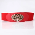 Elegant red elastic wide waist belt for women with vintage bronze filigree metal buckle - Red