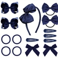 15-piece navy blue ribbed bow hair accessories set for kids with headbands and clips - Navy Blue