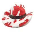 Detail view of plush cow print western hat with metal bull head buckle and studded leather band - M (56-58cm) / Flat Top (Cow Print) / Red