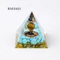 Orgonite pyramid with tiger eye sphere, turquoise stones and gold foil details - Ball023