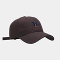 Side view of dark brown cotton baseball cap with blue and white R embroidery detail - Gray
