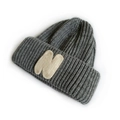Dark grey knitted beanie for kids featuring a stylish white letter N embroidery patch - Gray