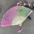 Pink and green gradient silk folding fan with cherry blossom and butterfly patterns - No.44 Pink Green Gradient Cherry Blossom