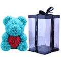 Blue rose bear with a red heart in a clear gift box with a black ribbon - Flower Bear+40CM Gift Box+Light / Cyan with Red Heart