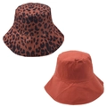 Detailed set showing leopard print and solid rust red canvas bucket hats for sun protection - One Size / Orange Leopard Bucket Hat