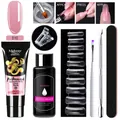 Kit extension unghie con gel nude, soluzione di scorrimento, tip e strumenti professionali - Nude Trasparente (PGP010)