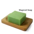 Natural green wormwood handmade soap in a square shape placed on a wooden dish - Argy Wormwood (Plain Soap)