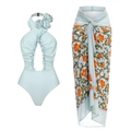 Maillot de bain une pièce licou avec fleurs 3D et jupe portefeuille fleurie - S / Bleu Set