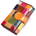 Portefeuille long en cuir véritable à patchwork multicolore avec fermeture à boucle - Patchwork Carré en Cuir Ciré à l'Huile 4203