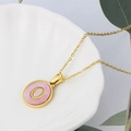 Gold stainless steel necklace with pink shell oval pendant featuring letter O detail - Pink-O