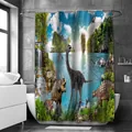Waterproof polyester shower curtain featuring colorful prehistoric dinosaur landscape print - Dinosaur Pattern 14