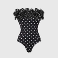 Detailed view of polka dot swimsuit with decorative ruffled mesh floral neckline trim - S / One-Piece Swimsuit Only