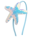 Blue fabric headband with a large iridescent blue and white sequined starfish decoration - Blue