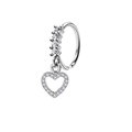 20G silver heart dangle nose ring with sparkling cubic zirconia pave teardrop charm - Hollow Heart