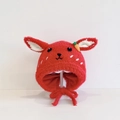 Red knit baby hat with ear flaps, cute animal design and carrot detail for winter - Red Rabbit - Lined
