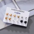 Set of 6 minimalist gold geometric stud earrings with pearls and crystals on card - Minimalist Heart Star Stud Set (Z21)