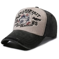 Distressed baseball cap in beige and grey featuring wolf embroidery and raw edges - Green Brim