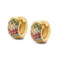Close-up of gold-plated huggie earrings with colorful pave-set zirconia stones - Gold with Multicolor Zircon